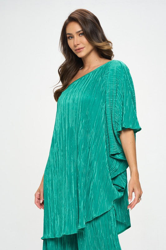 Plisse One Shoulder Draped Tunic Dress-2