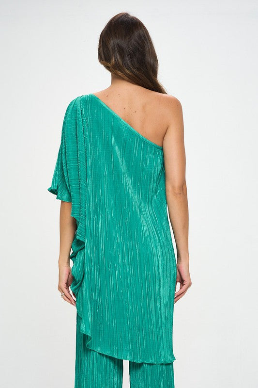 Plisse One Shoulder Draped Tunic Dress-3